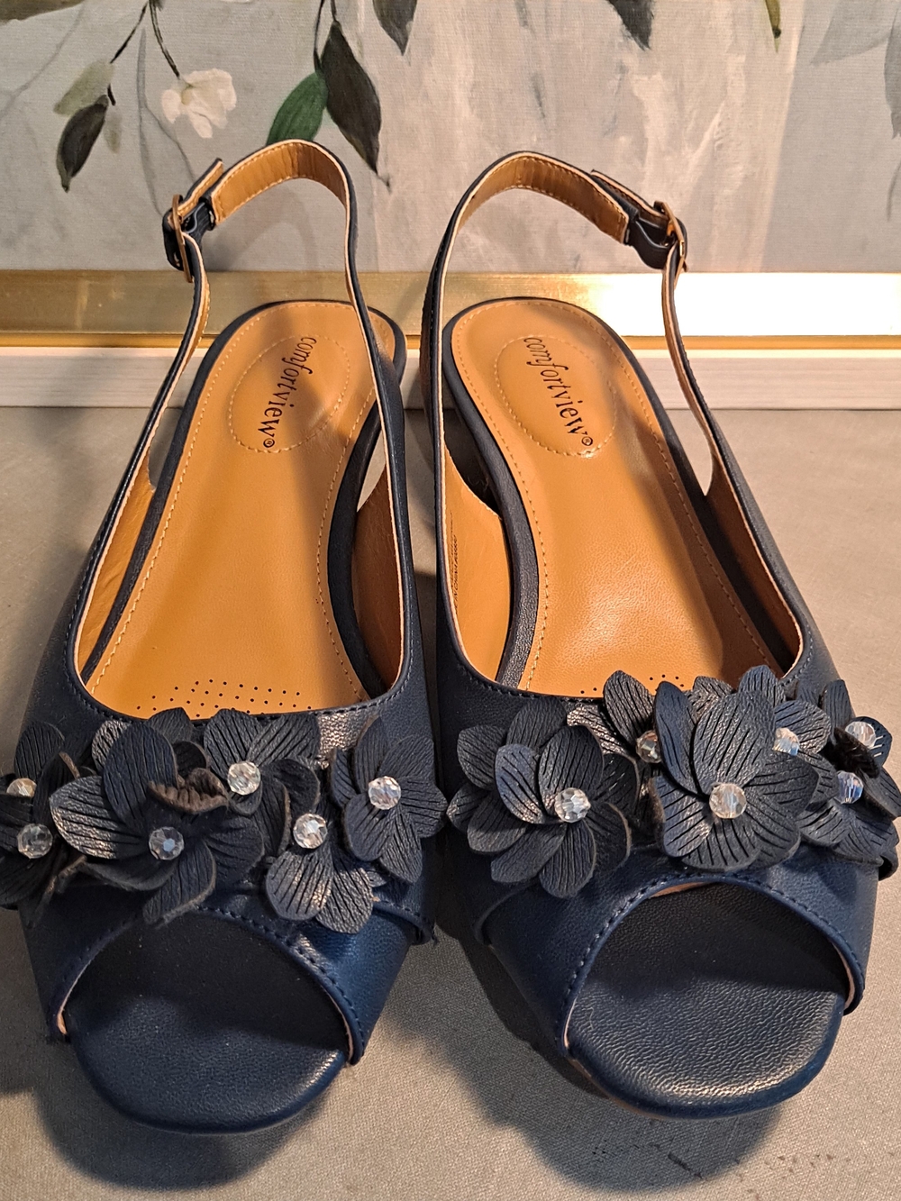 Comfortview Rider Navy Floral Slingback Peep-Toe Sandals Low Heel Skid Resist